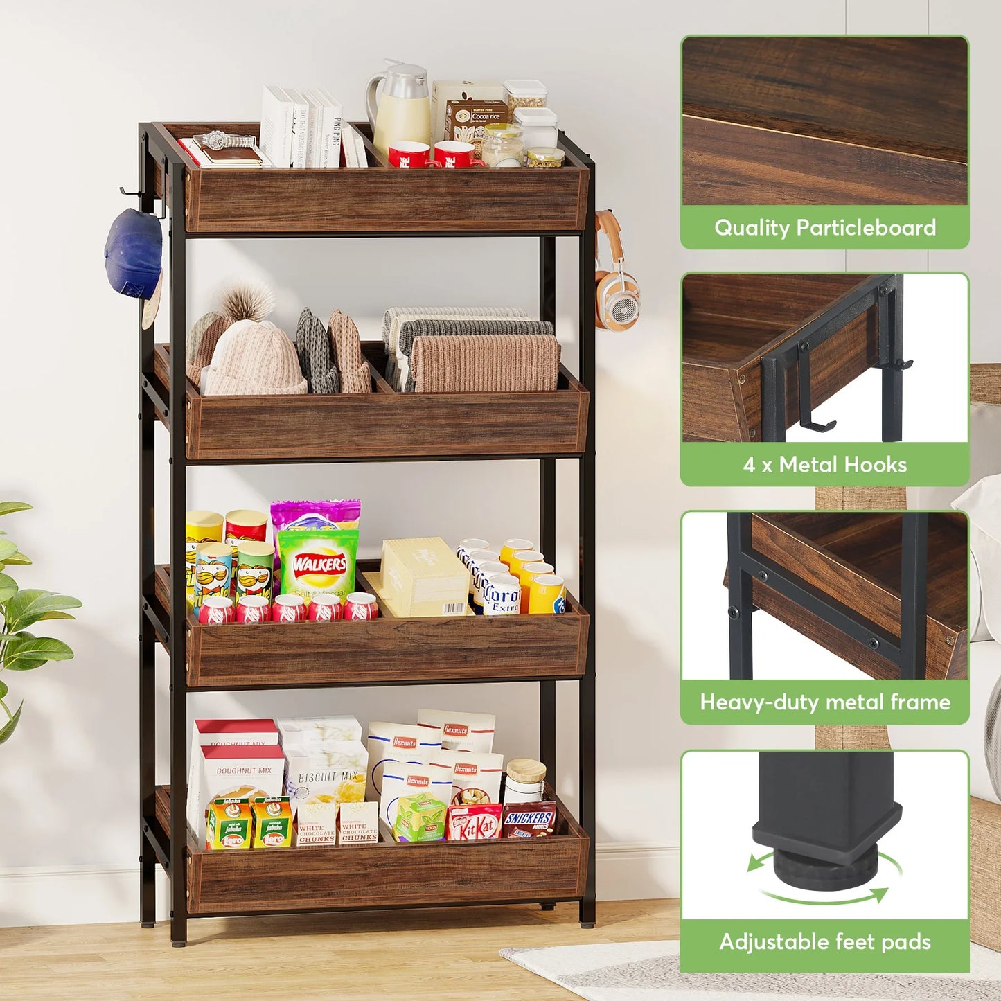 Tribesigns 4-Tier Wood Utility Storage Shelves, Fruit and Vegetable Basket Stand for Kitchen, Office, Store, Supremarket
