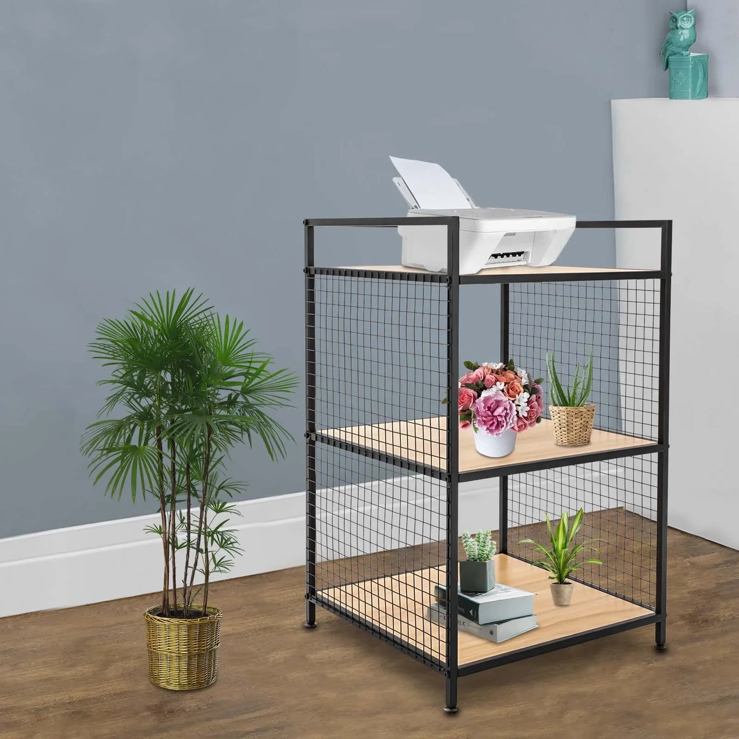 3-Tier Printer Stand Solid Wood & Iron, 44lbs Capacity, Space-Saving Design, Ideal for Office & Home Storage, Durable & Stylish