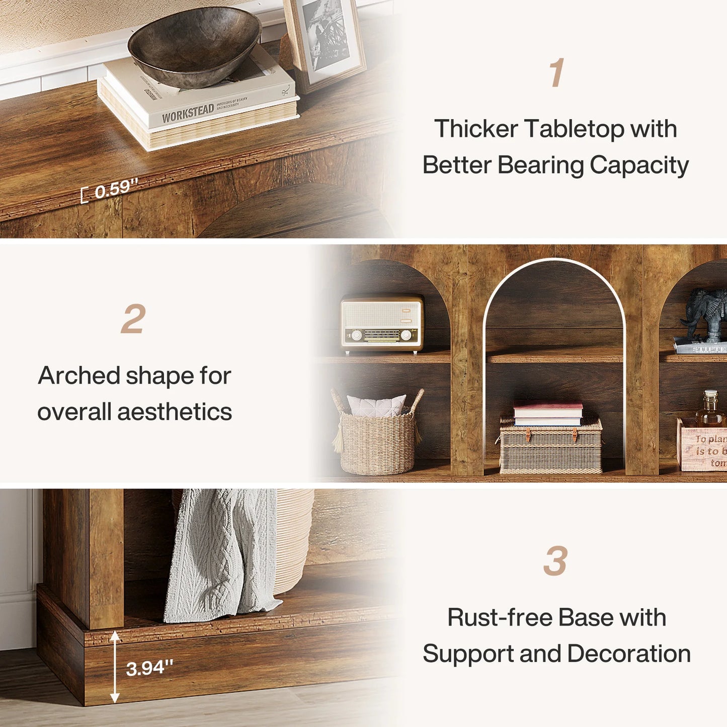 Farmhouse Console Table 63-Inch With Three-Tier Storage