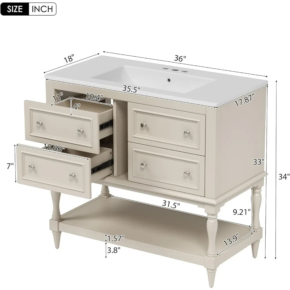 36 Inch Country Bathroom Vanity with Sink and Storage Cabinet