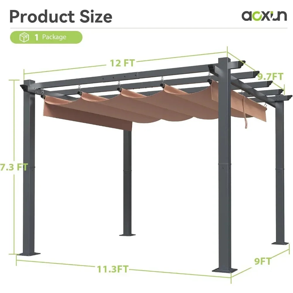 Outdoor Metal Pergola With Adjustable Roof And Brown Shade