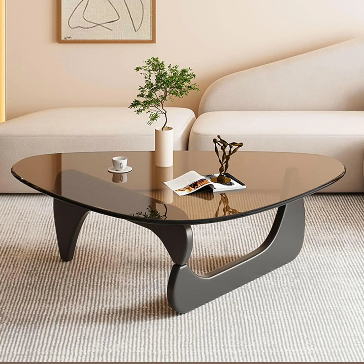 Modern Triangle Glass Coffee Table with Wooden Base for Living Room