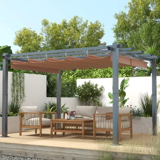 Outdoor Metal Pergola With Adjustable Roof And Brown Shade