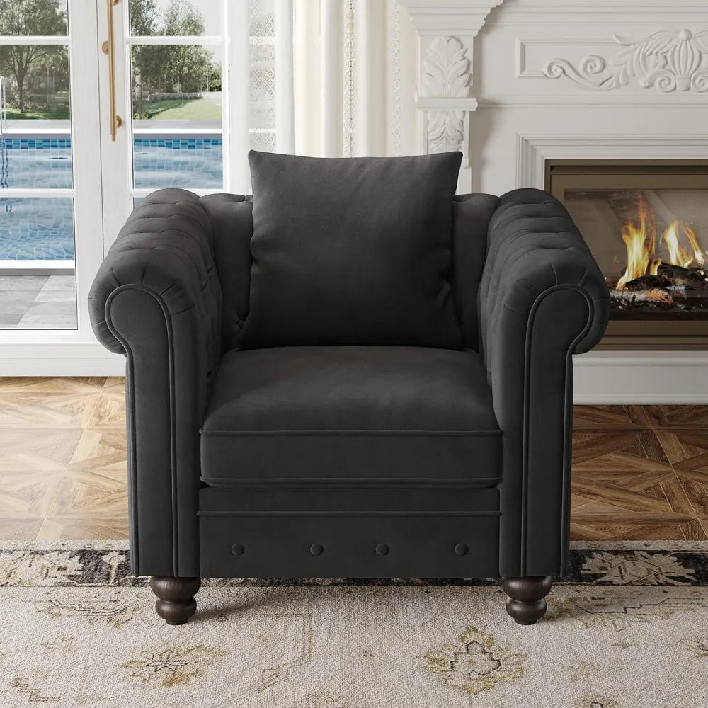 Velvet Armchair, Chesterfield Chair for Living Room, Tufted Accent Chair with Throw Pillow, Comfy Rolled Arm Club Chair, Springs