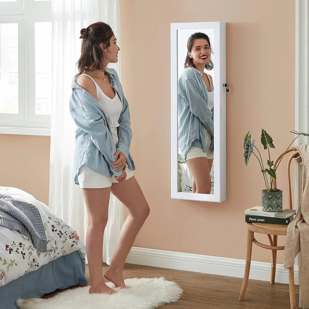 Lockable LED Jewelry Cabinet with Full-Length Mirror and Drawers