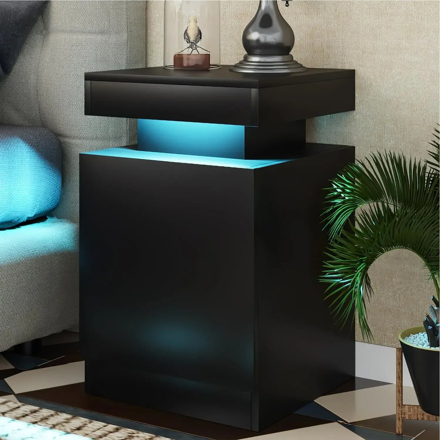 Modern Nightstand Set of 2 with LED Lights and Storage Cabinet