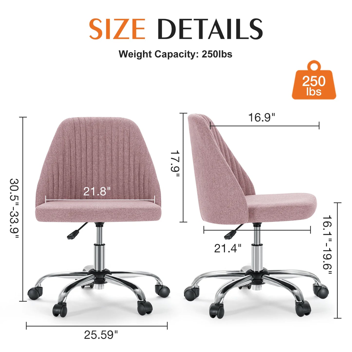 Armless Small Desk Chair With Wheels And Back Support