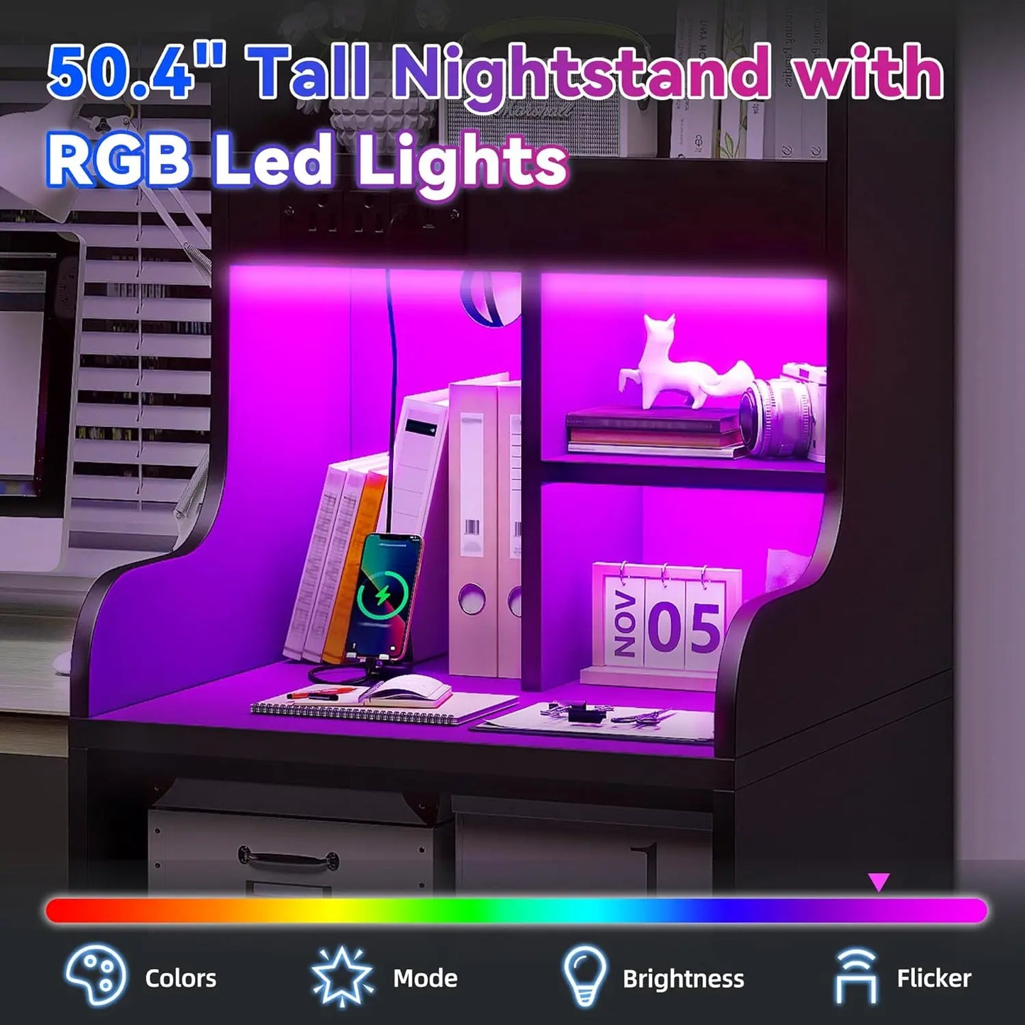 Tall Nightstand with LED Lights and USB Charging Station