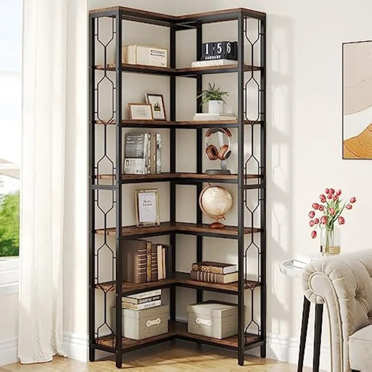 Corner Shelf, 7-Tier Industrial Corner Bookshelf, Freestanding Display Shelf for Living Room, Kitchen, Home Office, Dark Brown
