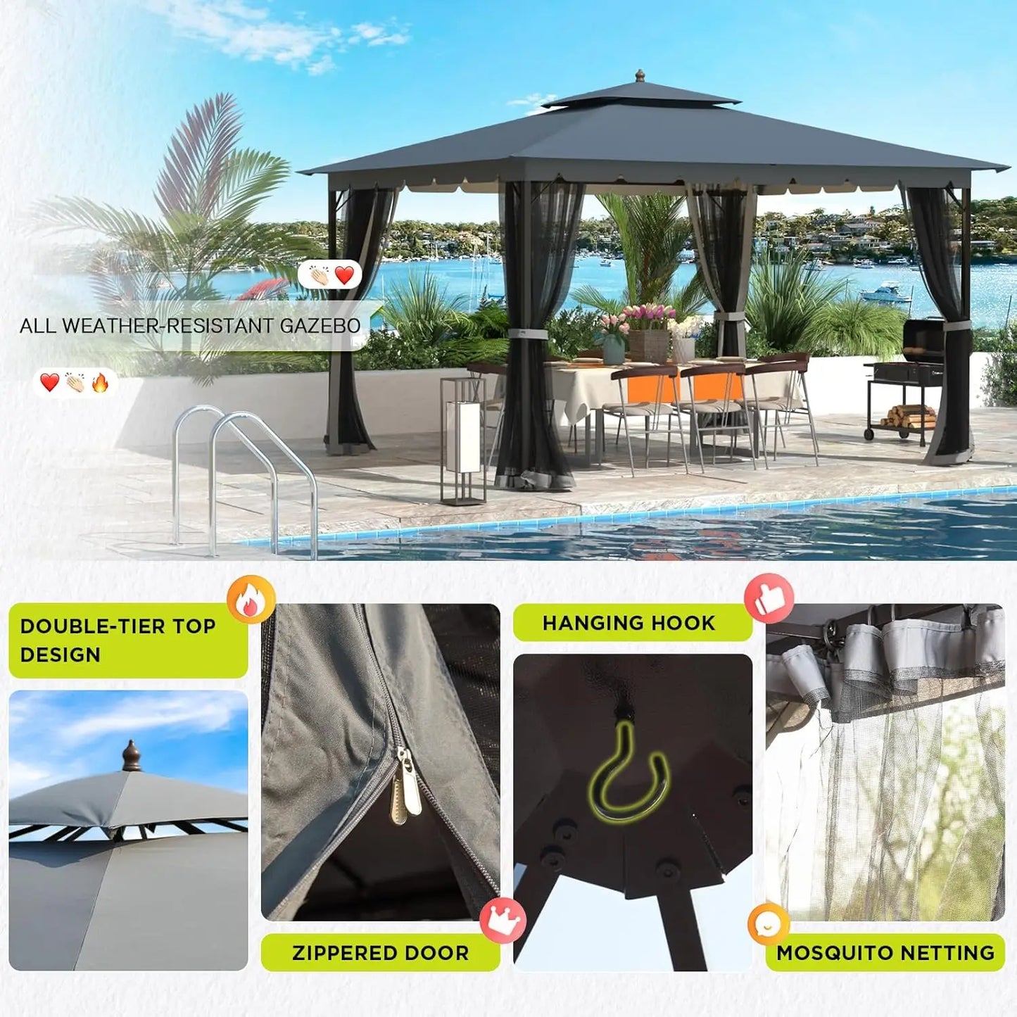 10x12 Outdoor Gazebo with Mosquito Netting and Heavy Duty Frame