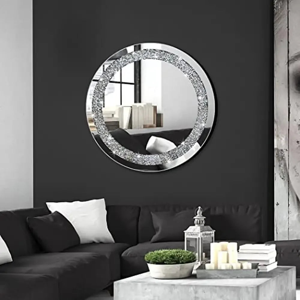 Round Crystal Diamond Mirror Frameless Silver Wall Decor