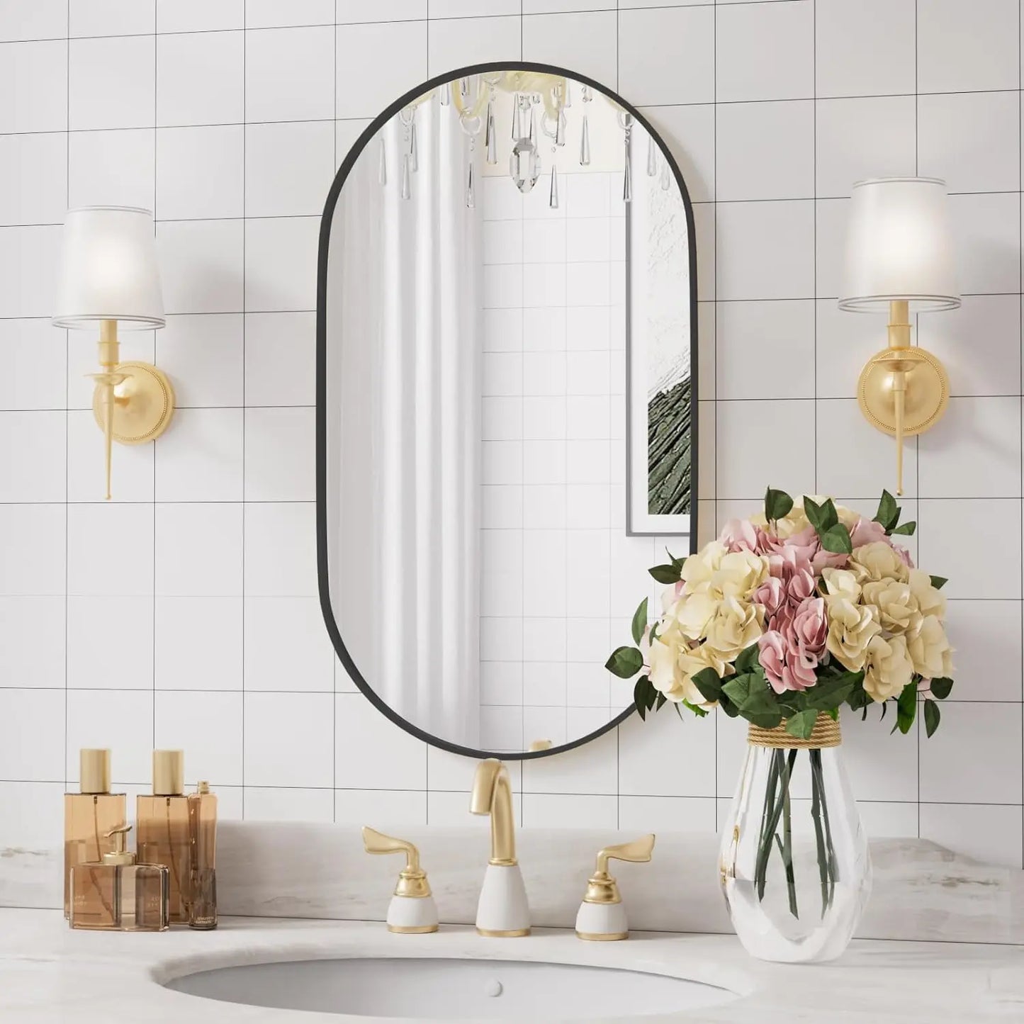 50x100CM Oval Black Metal Framed Wall Mirror Makeup for Living Room Entryway Bathroom Vanity Mirror Decor