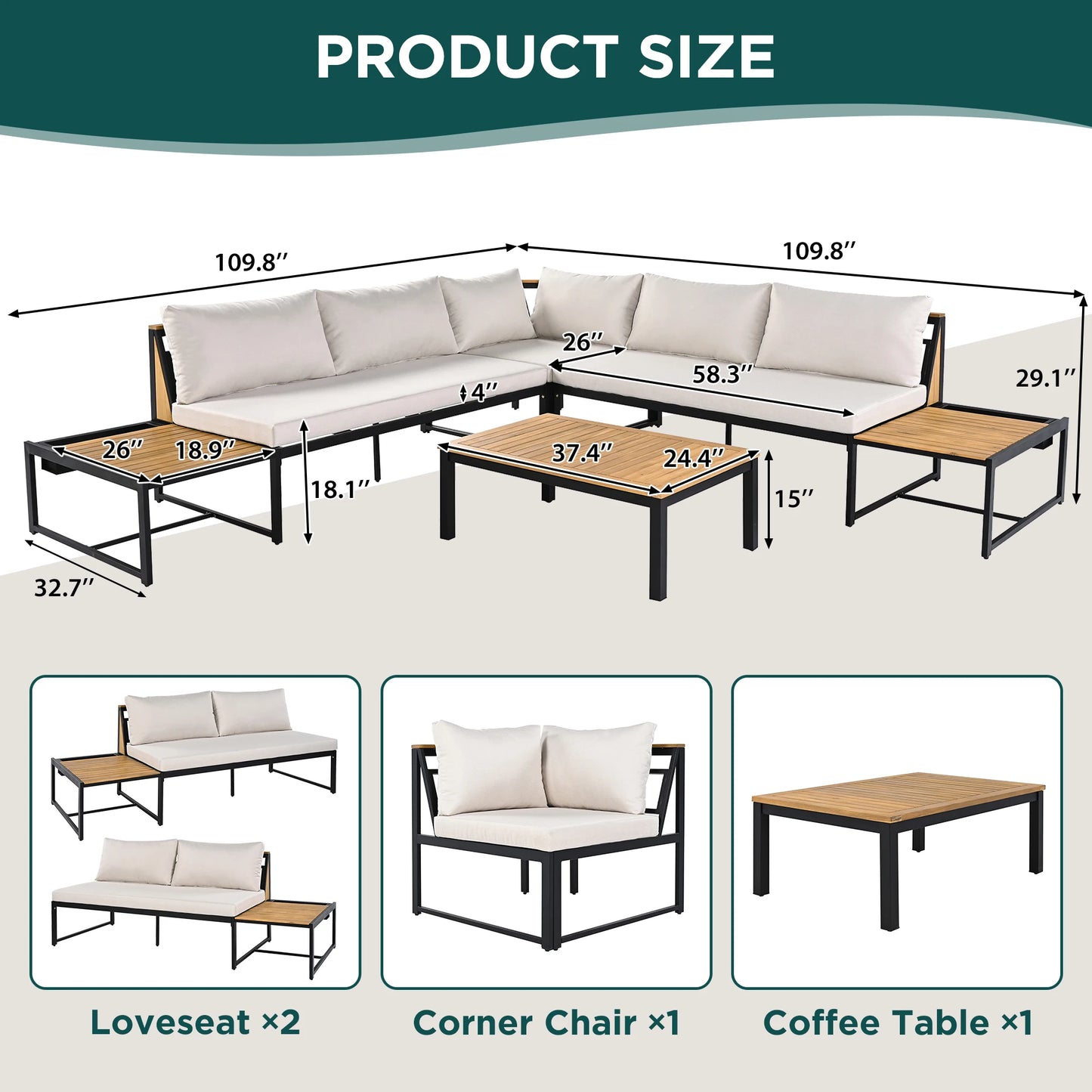 Patio Sectional Sofa Set With Built In Table And Cushions