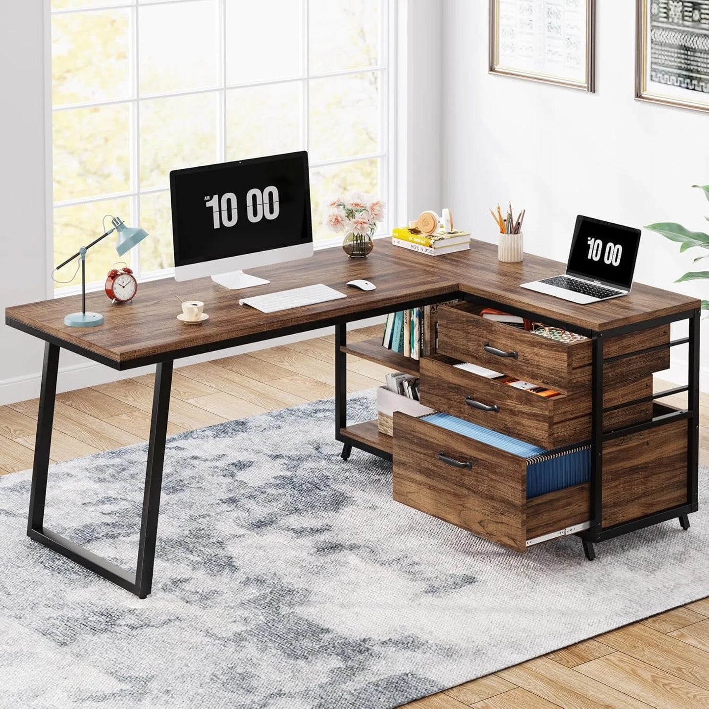 Rustic Brown L Shaped Computer Desk With 3 Drawers