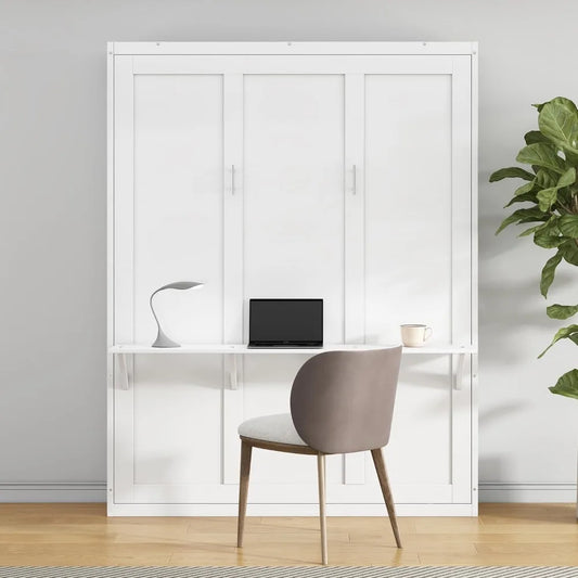 Softsea Full Size Murphy Bed Cabinet White Wood Wall Bed