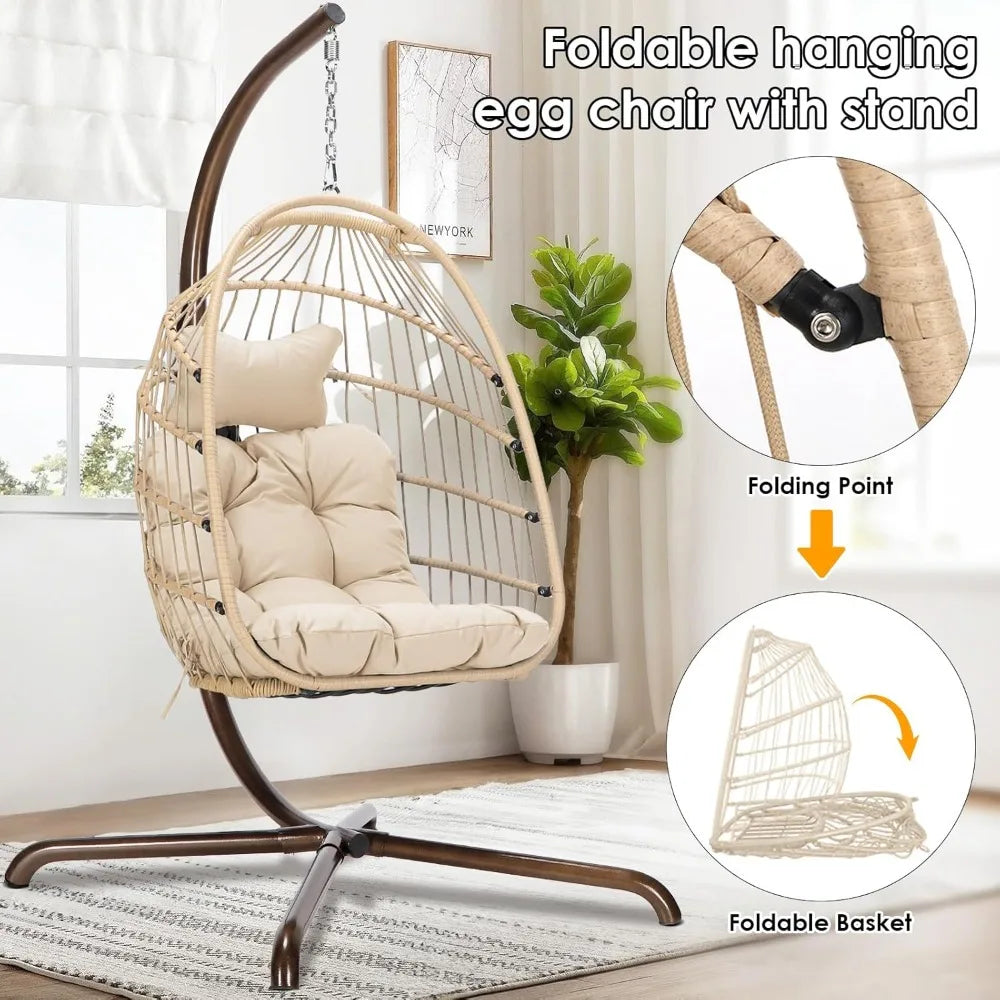 Beige Hanging Swing Chair with Stand Heavy Duty Patio Egg Chair