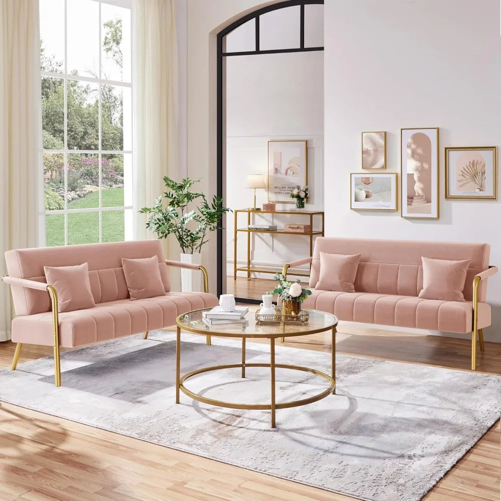 Luxurious Velvet Sofa with Gold-Tone Metal Arms and Legs