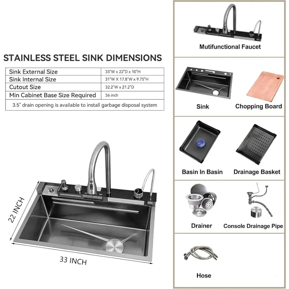 33x22 Inch Nano Black Kitchen Sink With Integrated Workstation
