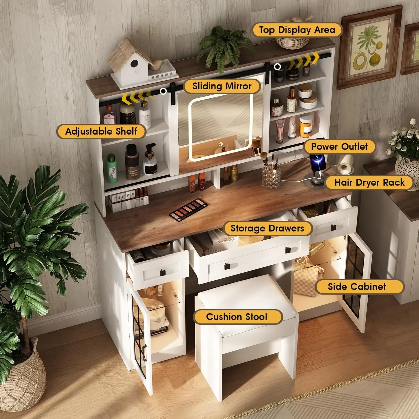 Vabches Large Vanity Desk with Lights and Charging Station