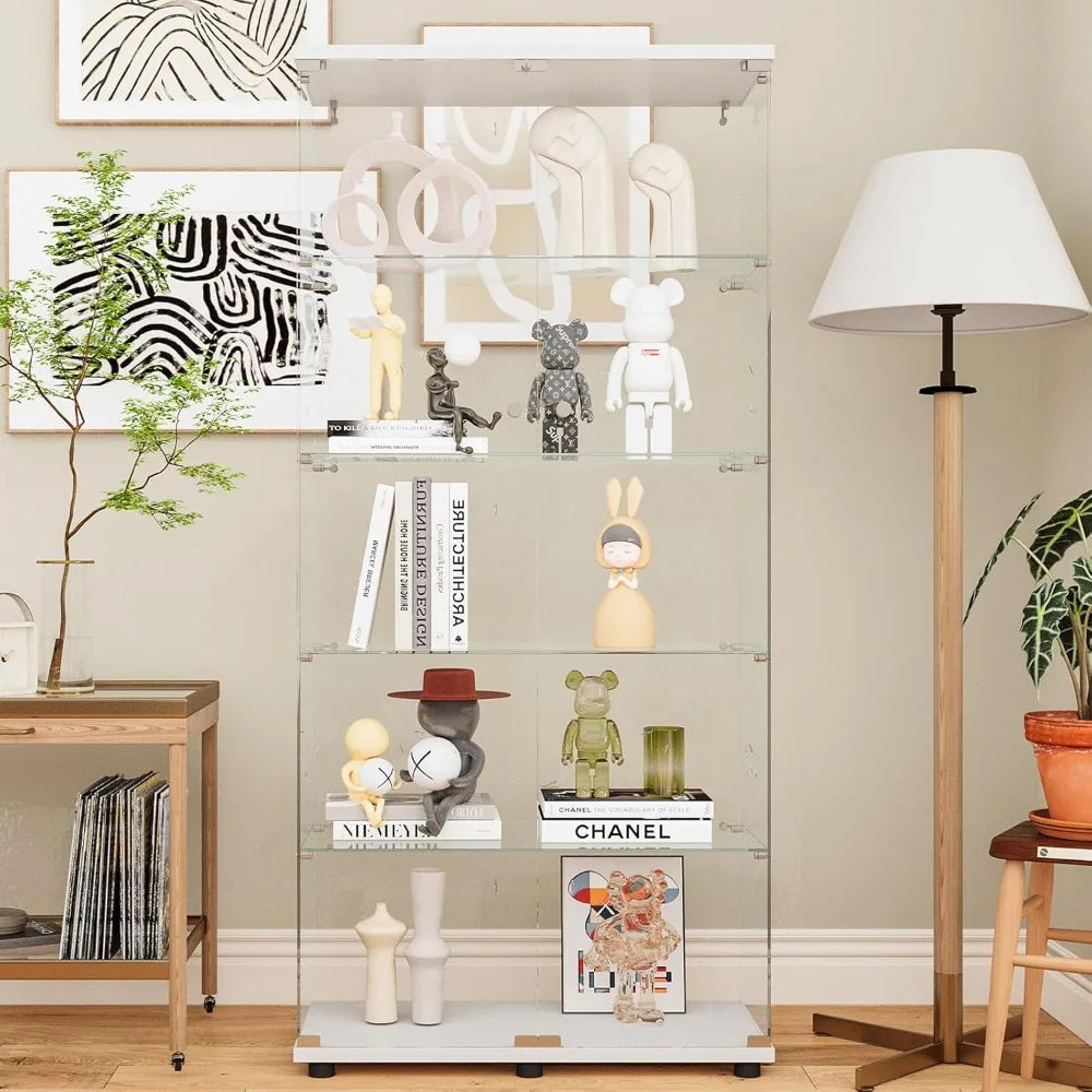 White Glass Display Cabinet with 5 Shelves for Living Room Storage