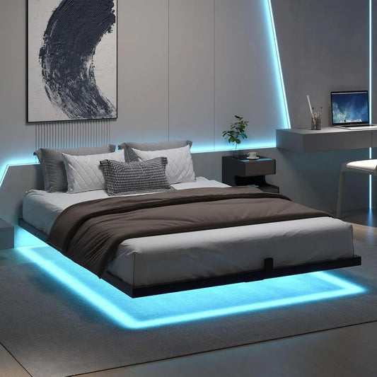 Full Size Metal Bed Frame with Smart LED Lights and Storage