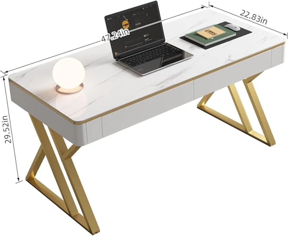 White Wooden Office Computer Desk with Tempered Glass Top and Storage Drawers