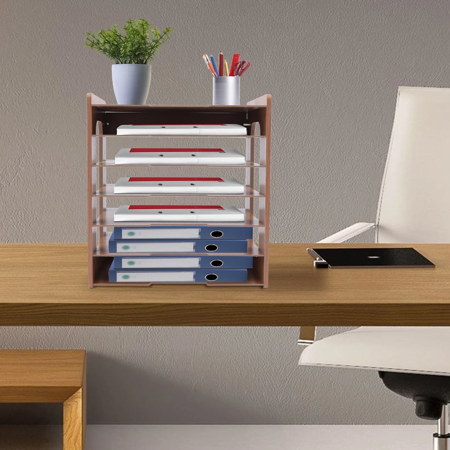 Wooden Office Paper Organizer 7 Tier Compact Storage Rack