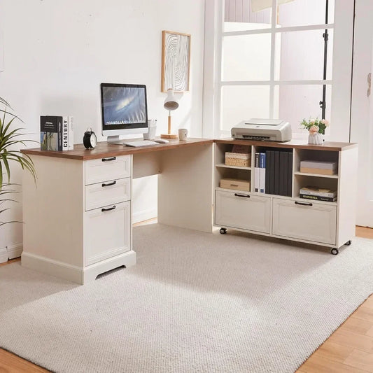L Shaped Executive Desk With File Cabinet Charging Station