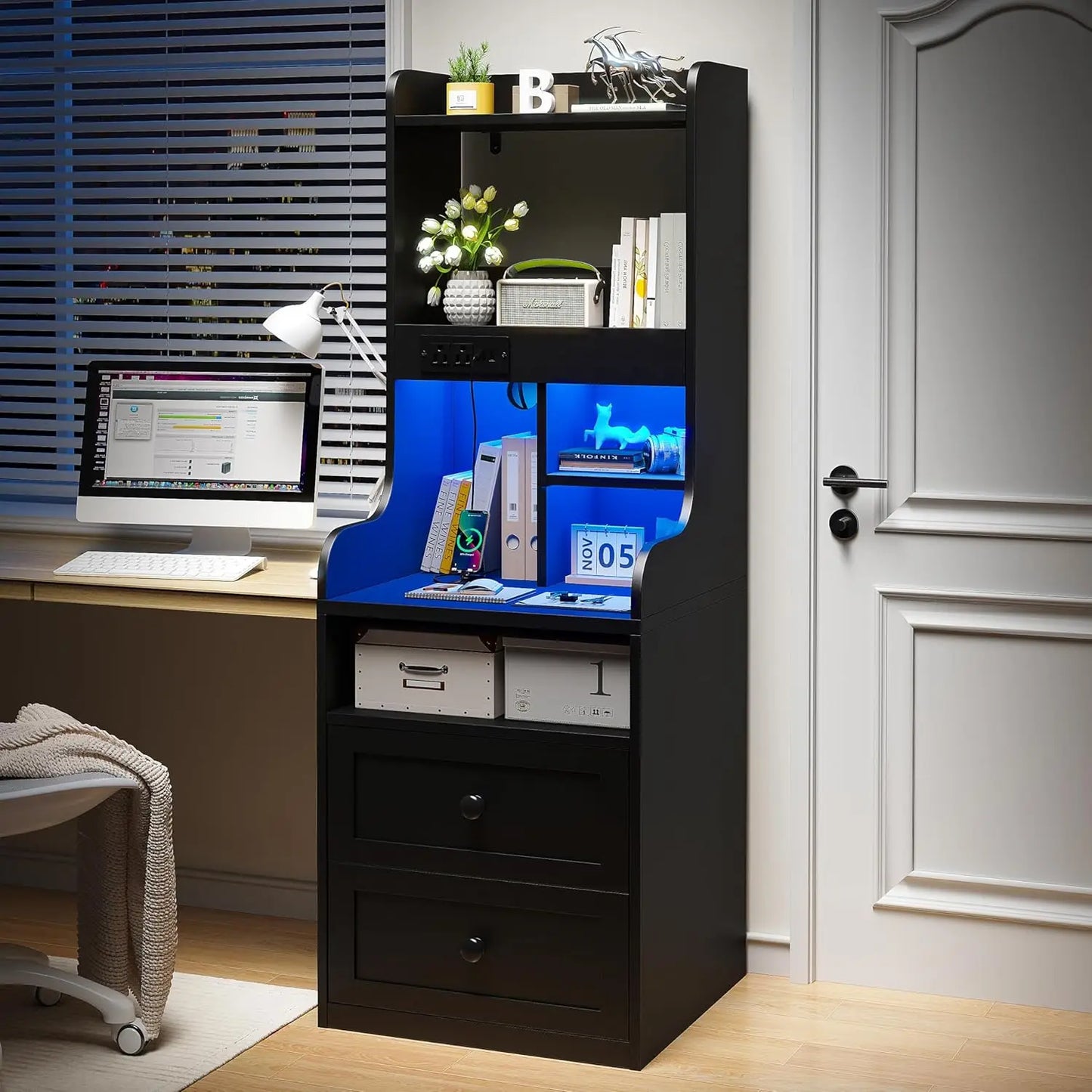 Tall Nightstand with LED Lights and USB Charging Station