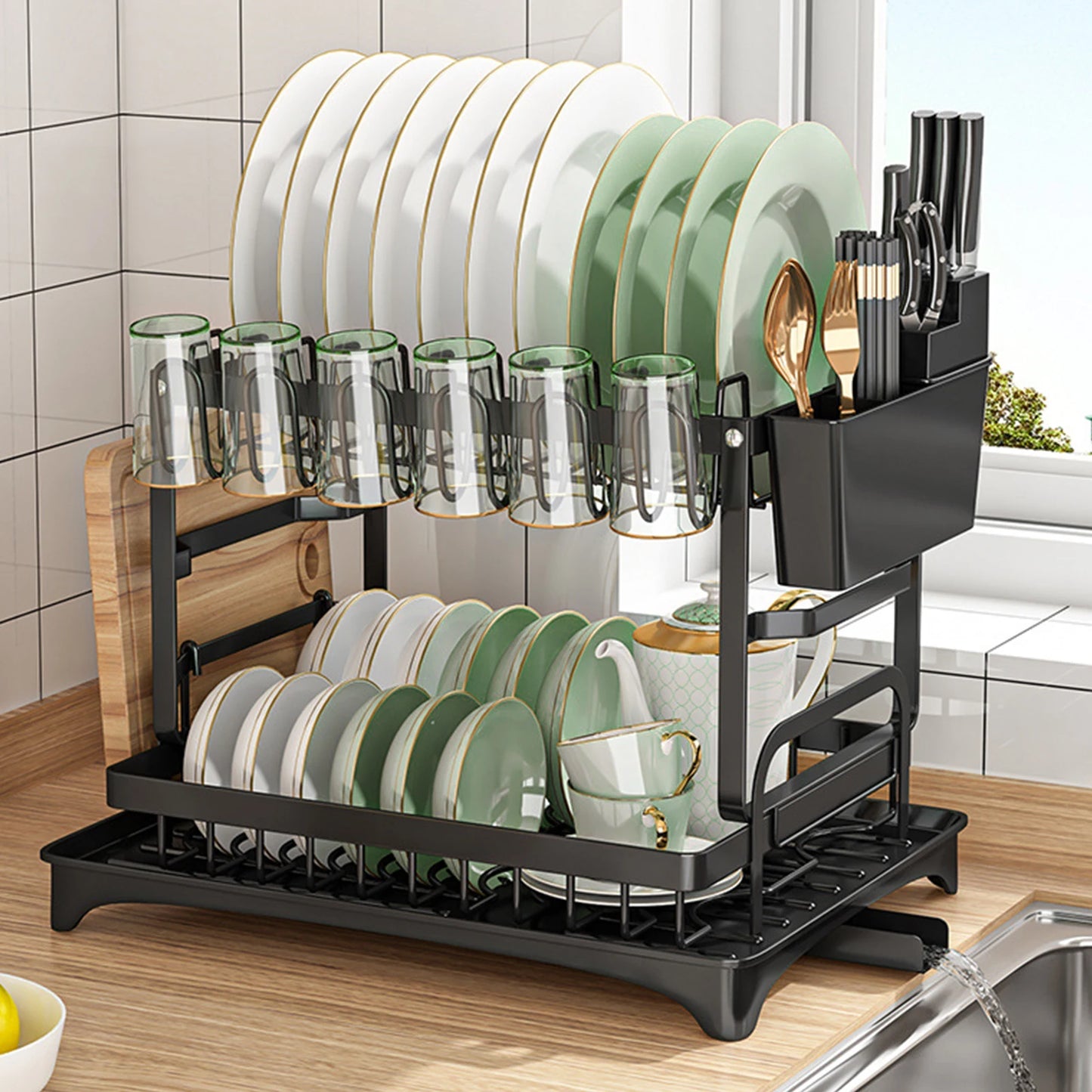 2 Tier Dish Racks for Kitchen Counter Dish Drying Rack with Dish Drainer, Durable Stainless Steel Dish Rack Drain Set with Uten