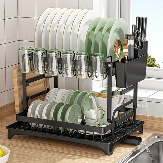 2 Tier Dish Racks for Kitchen Counter Dish Drying Rack with Dish Drainer, Durable Stainless Steel Dish Rack Drain Set with Uten