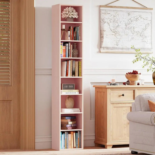 Ironck Tall Narrow Bookshelf 8 Tiers Pink Corner Unit