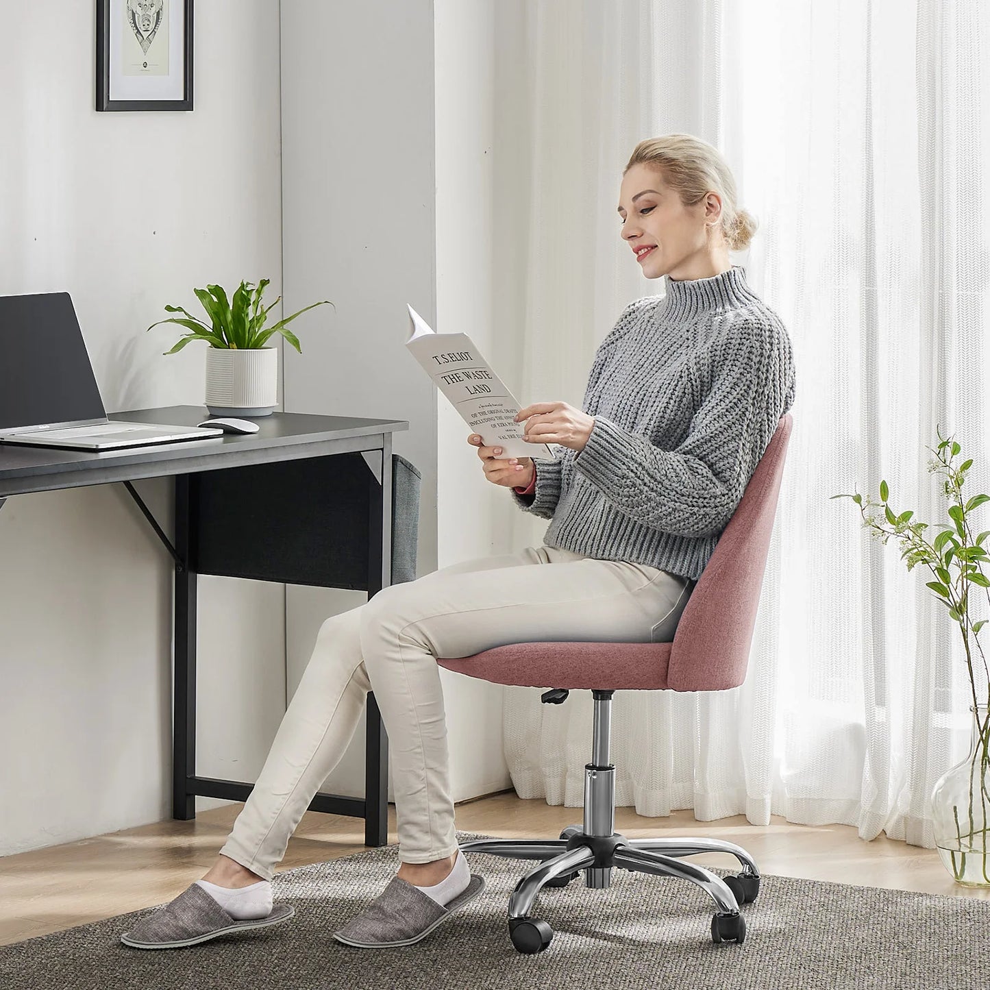 Armless Small Desk Chair With Wheels And Back Support