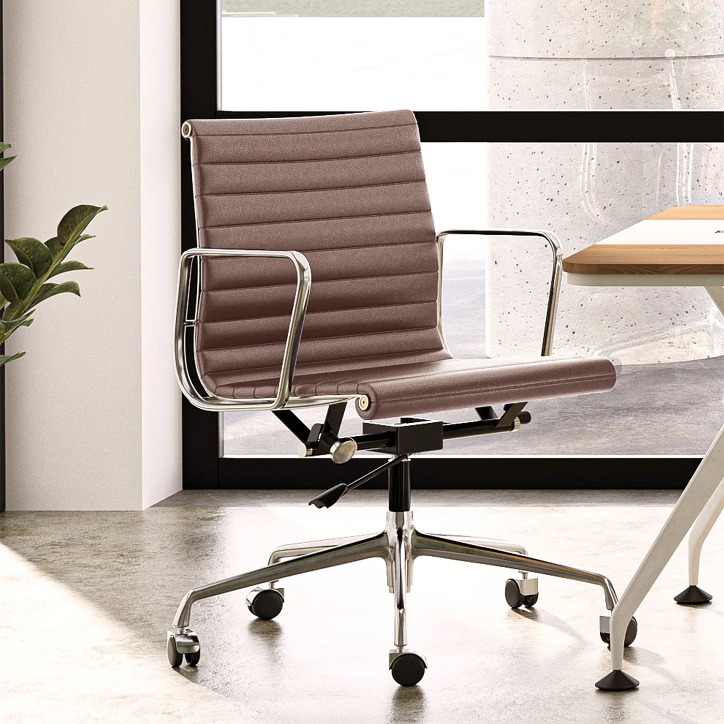 Low Back Brown Leather Office Chair Aluminum Frame Swivel