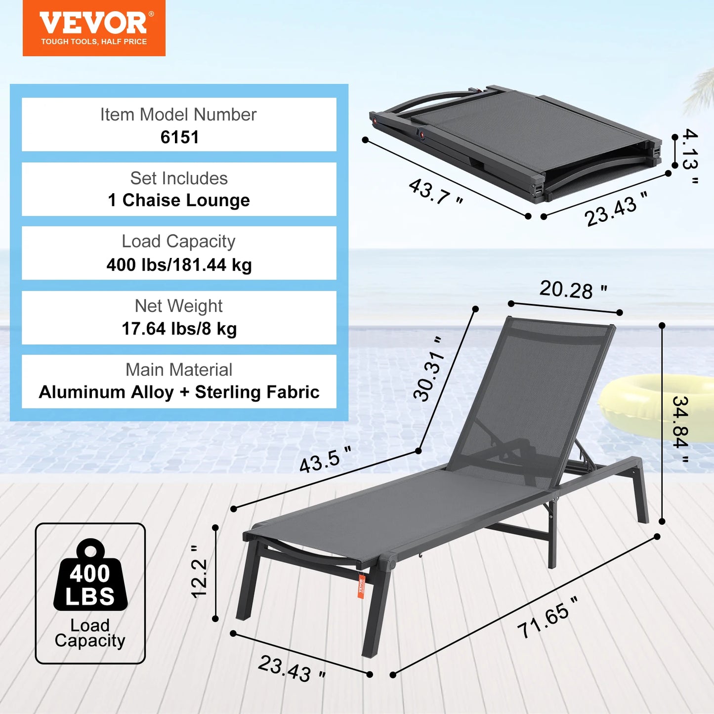 Foldable Outdoor Aluminum Chaise Lounge Chair With Full Flat Recline