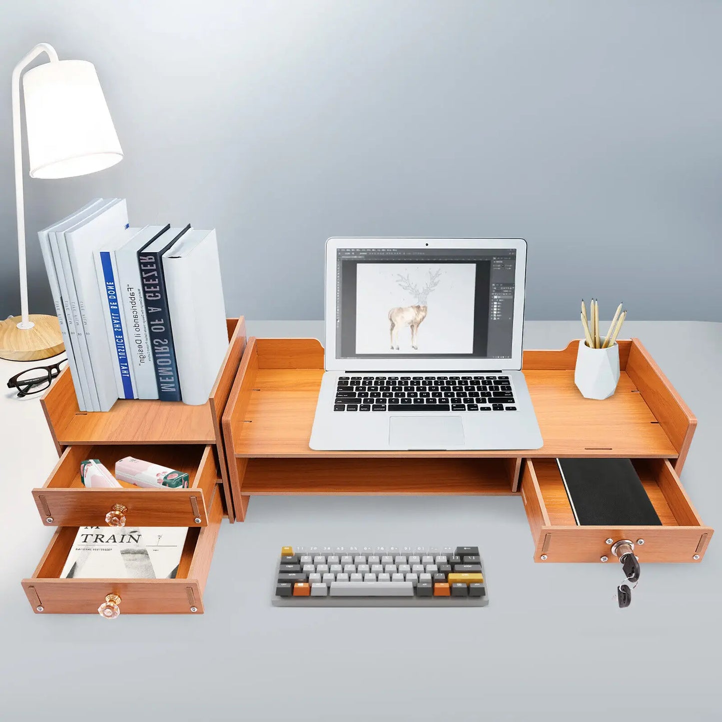 Wooden Desk Organizer With Drawers For Office Space Saving