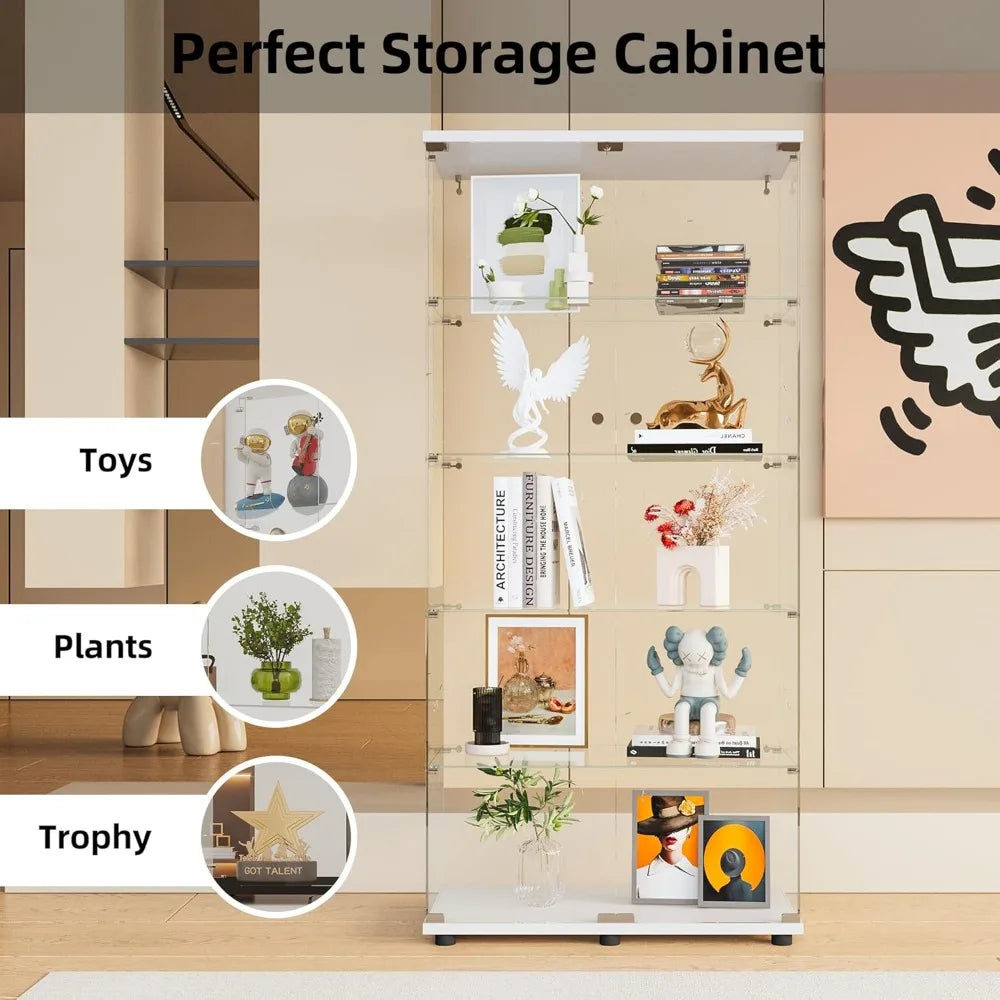 White Glass Display Cabinet with 5 Shelves for Living Room Storage