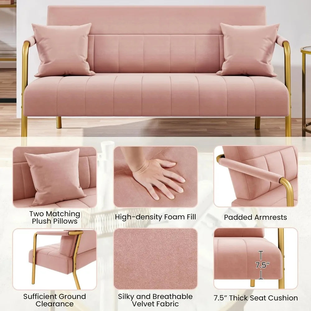 Luxurious Velvet Sofa with Gold-Tone Metal Arms and Legs