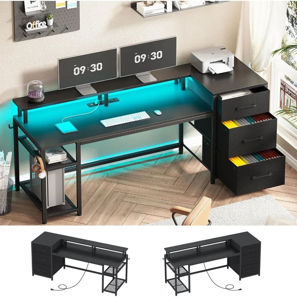 59 Inch Reversible Office Desk with Drawers and LED Lights