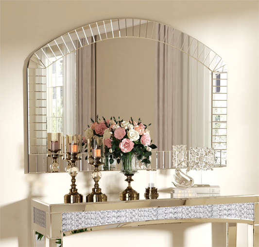 Large Silver Arched Wall Mirror Beveled Edge Decor Style