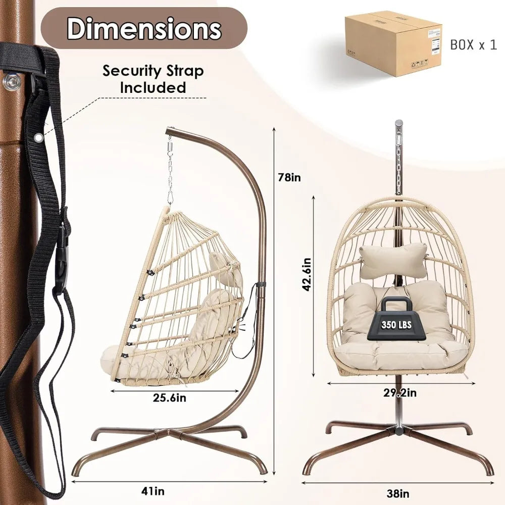 Beige Hanging Swing Chair with Stand Heavy Duty Patio Egg Chair