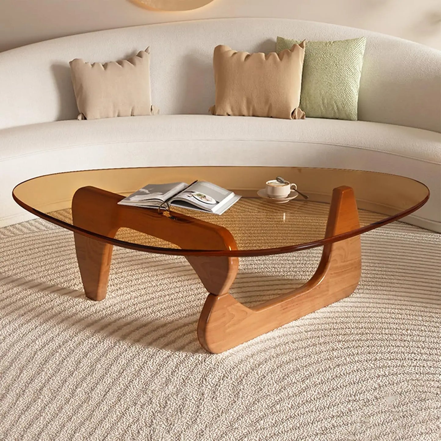 Modern Triangle Glass Coffee Table with Wooden Base for Living Room