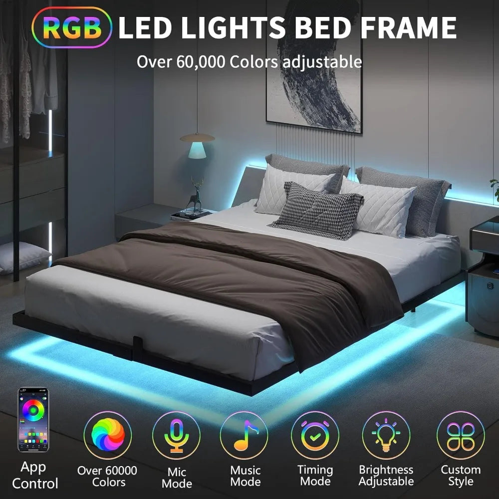 Full Size Metal Bed Frame with Smart LED Lights and Storage