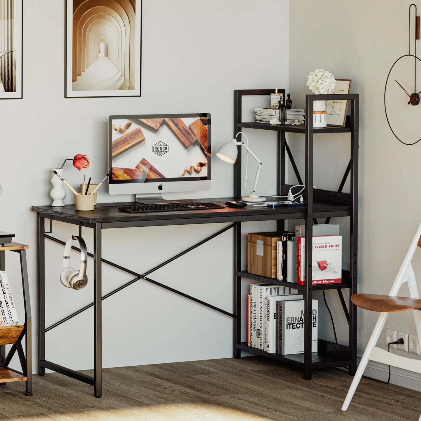 IRONCK Computer Desk 47" with Power Outlet & Storage Shelves, Study Writing Table with USB Ports Charging Station