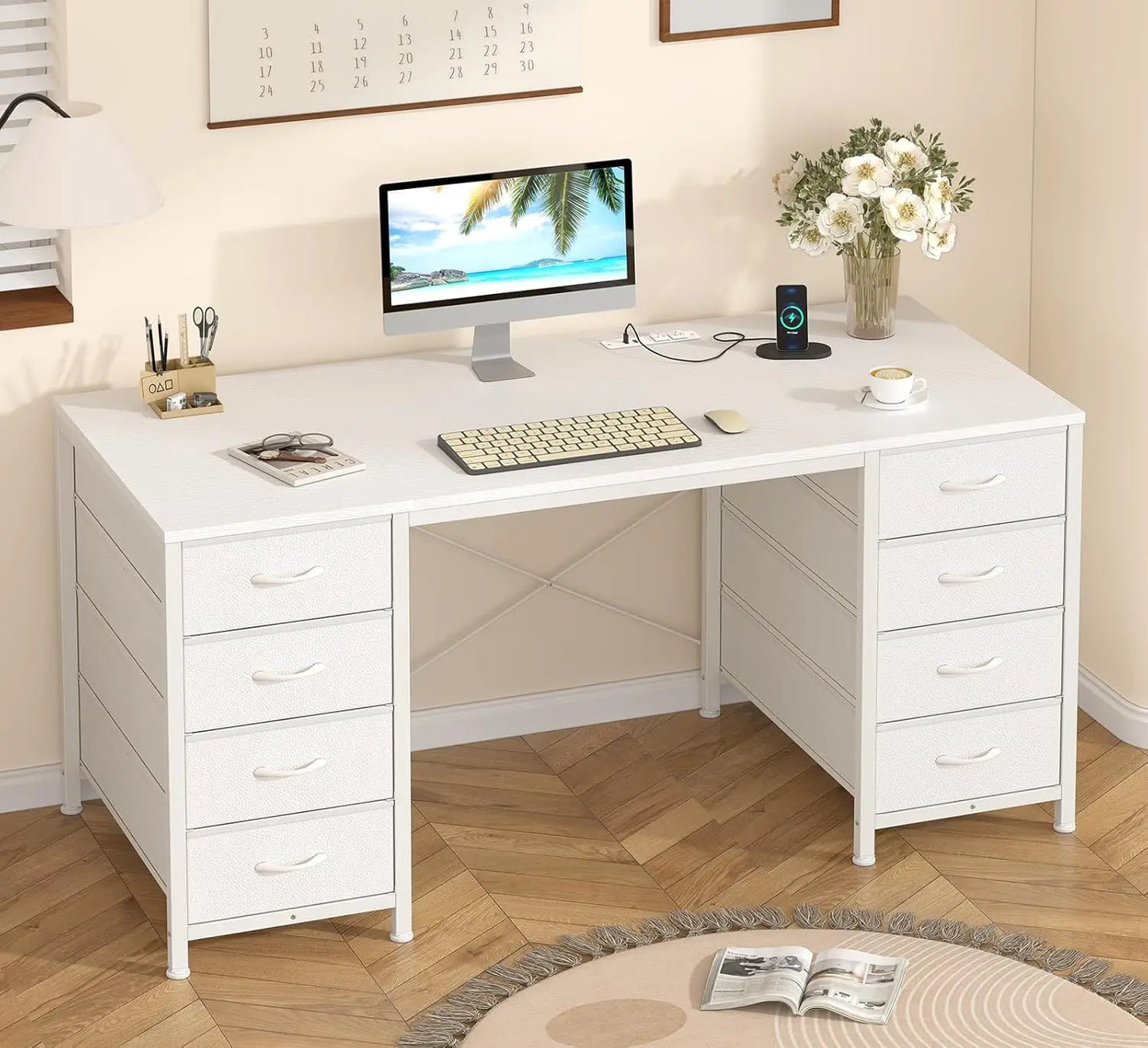 60 Inch Computer Desk with 8 Drawers, Home Office Desk with Power Outlets, Work Study Gaming Desk with 8 Fabric Drawers
