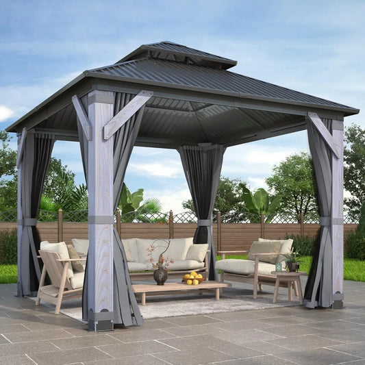 10X10 Outdoor Wood Gazebo With Hardtop And Curtains