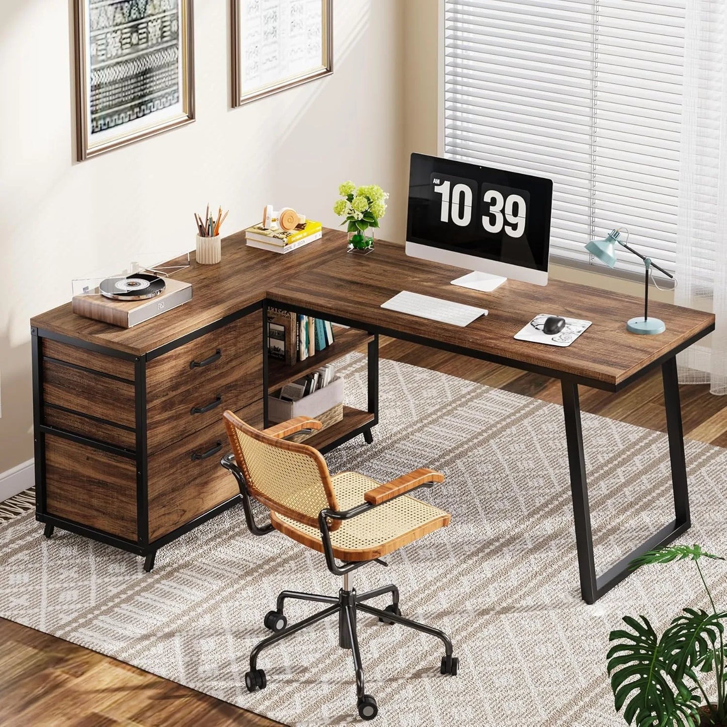 L Shaped Computer Desk For Small Space With Three Drawers