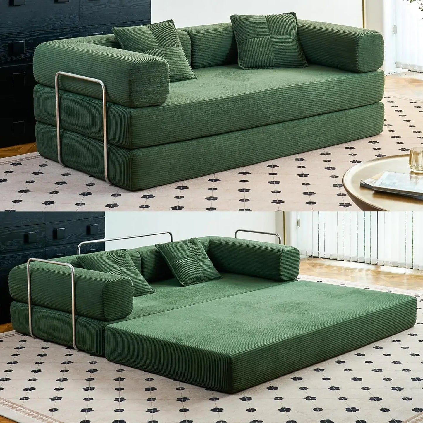 Convertible Compression Sofa Bed with Pillow Back Support and Armrest