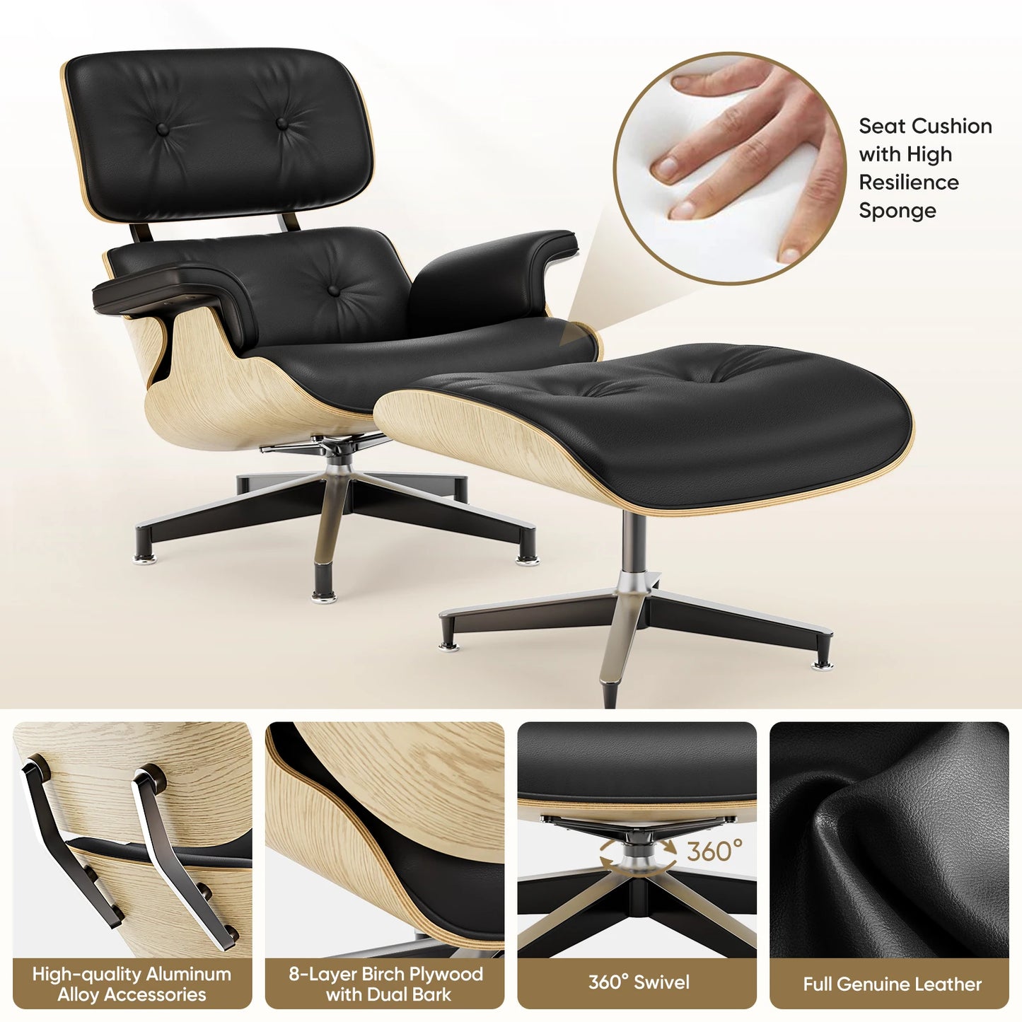Relica Genuine Leather Armchair Swivel Chair With Ottoman