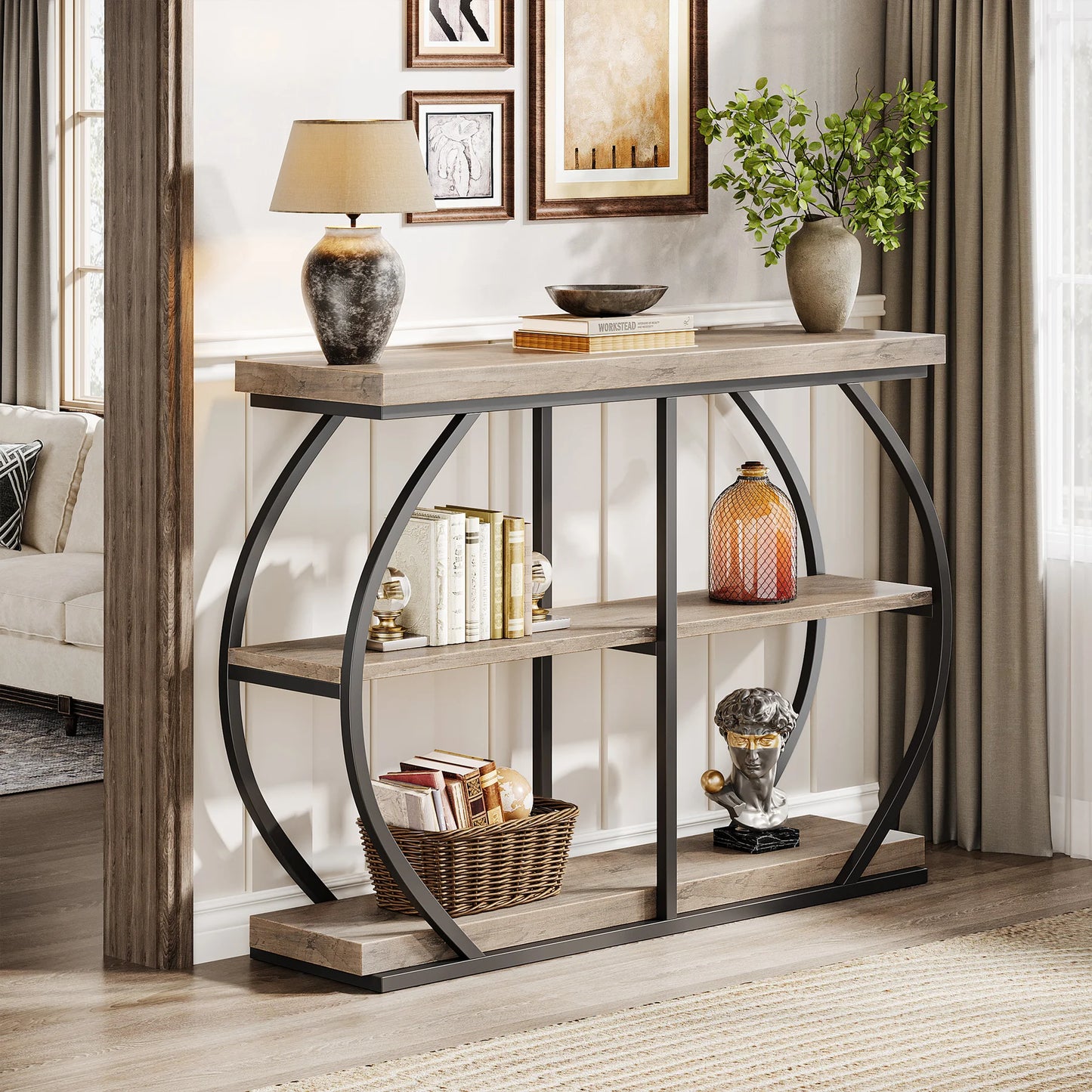 Industrial Console Table With Arched Metal Frame And Storage Shelves